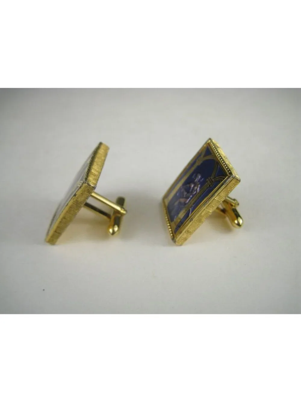 Vintage Swank Blue Enamel Gladiator Cuff Links Gold Tone Mid Century 1950s